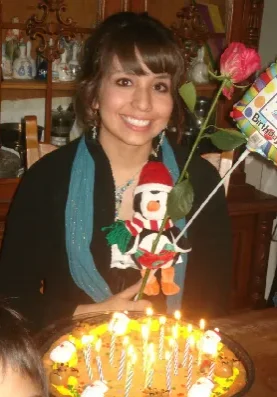 A woman holding a penguin and rose in front of a cake.